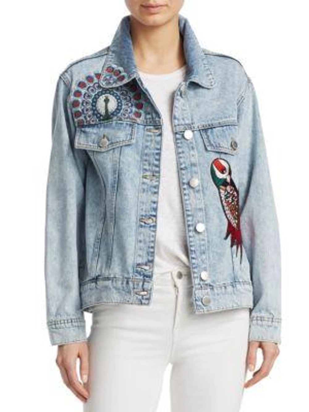 Maje Light Blue Embroidered Denim Jacket with Parrot Motif